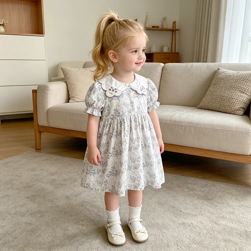 2026 New Summer Baby Girl Short Sleeve Dress Sweet Floral Puff Sleeve Dress 2-6Yrs Embroidered Collar Girl Children Dress