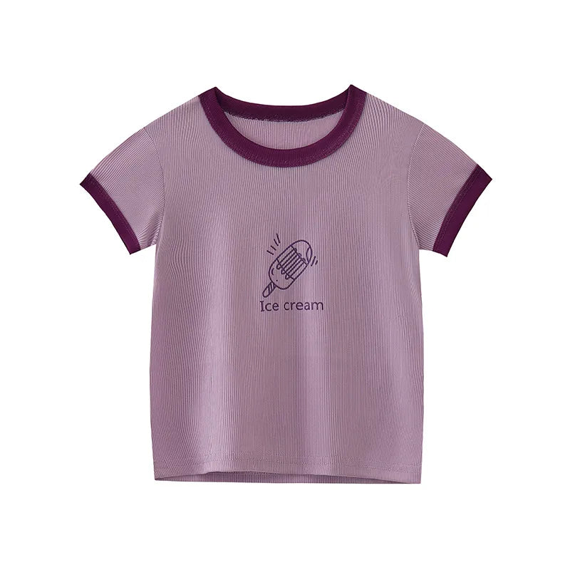 Candy Colored Short Sleeved T-shirt Girls Versatile and Stylish Cartoon Ice Silk Short Sleeves 3-8 Years Old Children Summer Top