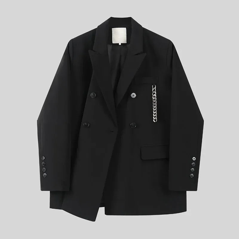 Vintage Streetwear Women's Blazers Coat Harajuku Punk Gothic Chain Black Jackets Female Korean Fashion Loose Suit Outerwear 2023