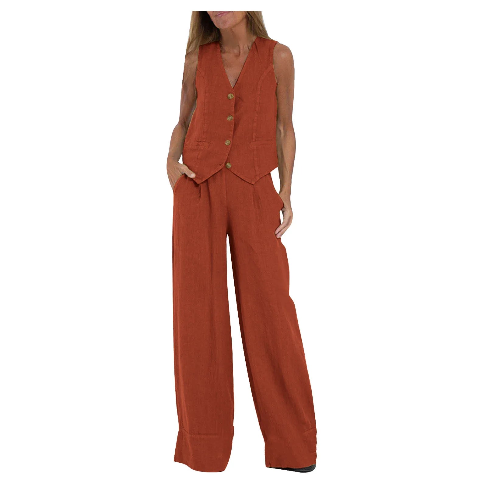 Fashion Patchwork Cotton Linen Vest Pants Casual Suit Women's High Waist Long Pants V-Neck Sleeveless Summer Outfit Set