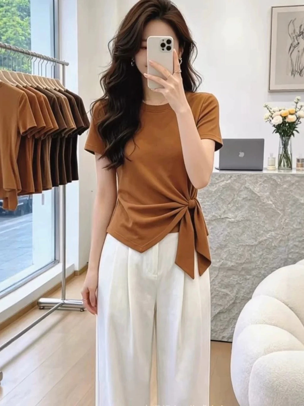 Pure Cotton Short Sleeve T-Shirt Women's Summer plus Size Slim Fit Irregular Belt Design Korean Style round Neck Top