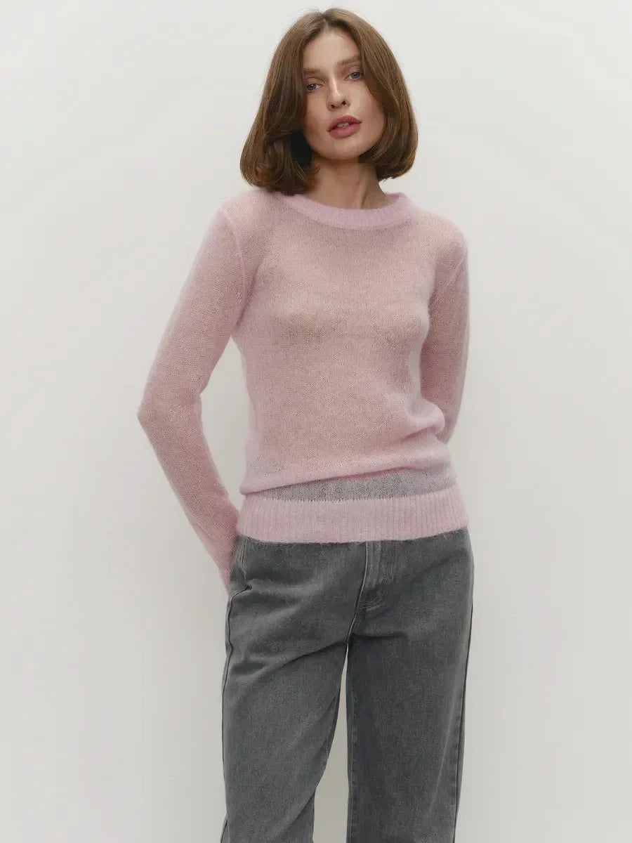 Blubelle Women's Elegant Slim Fit Sweater Summer Autumn Jumpers Casual Chic Round Neck Long Sleeved Fashion Loose Pullovers