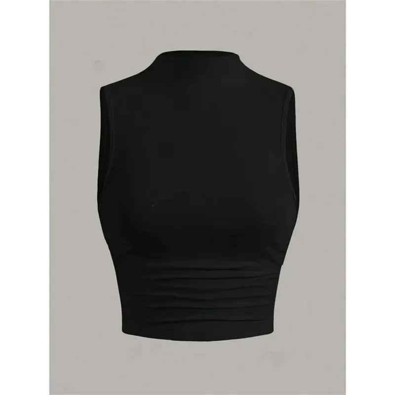 Casual Mock Neck Sleeveless Tank Top for Women Summer Sexy Solid Color Slim Fit Stand Collar Crop Top Streetwear 2024