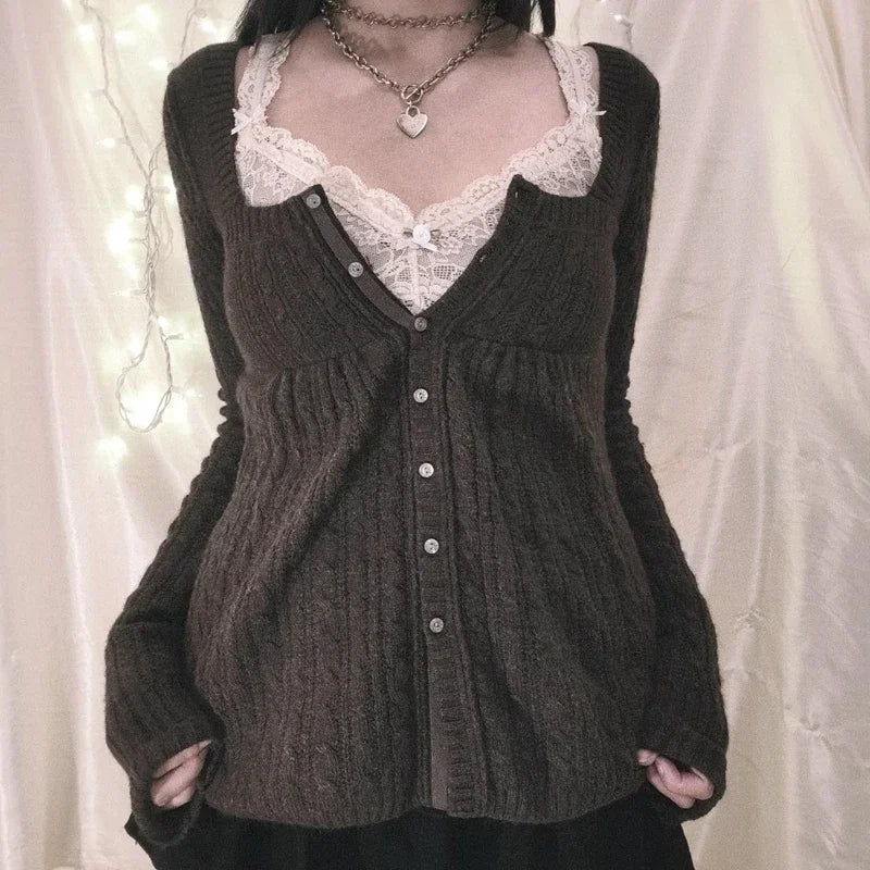 Vintage Babydoll Tops Pullovers Lady Aesthetic Coquette Knit Sweaters Outfit Autumn Square Neck Long Sleeve Knitwear Jumpers