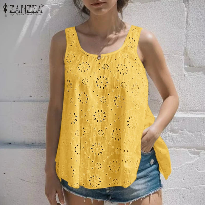 ZANZEA Women Summer Hollow Out Embroidery Tanks 2024 Fashion Vacation Casual Solid Color Tunic Tops Loose Sleeveless Blouses