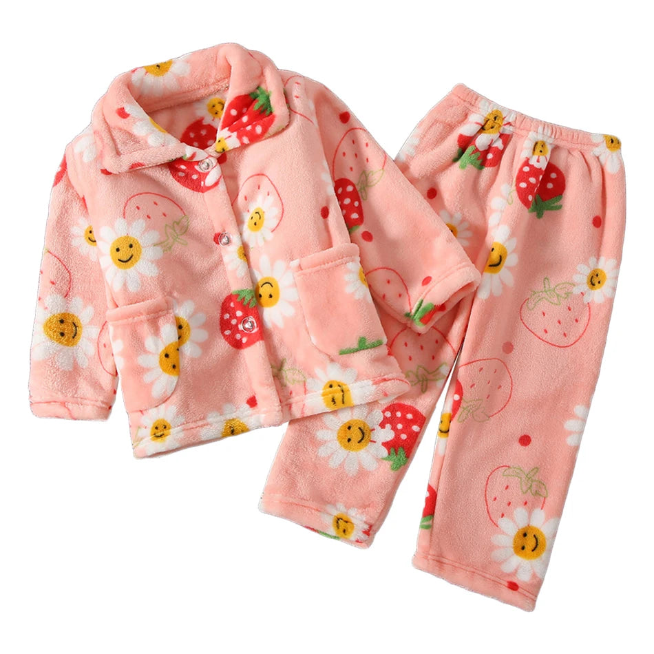 Winter Kids Pajama Set Coral Fleece Sleepwear with Cute Cartoon Clothing Ultra Warm Comfortable Long Sleeve Pajamas for Boy Girl