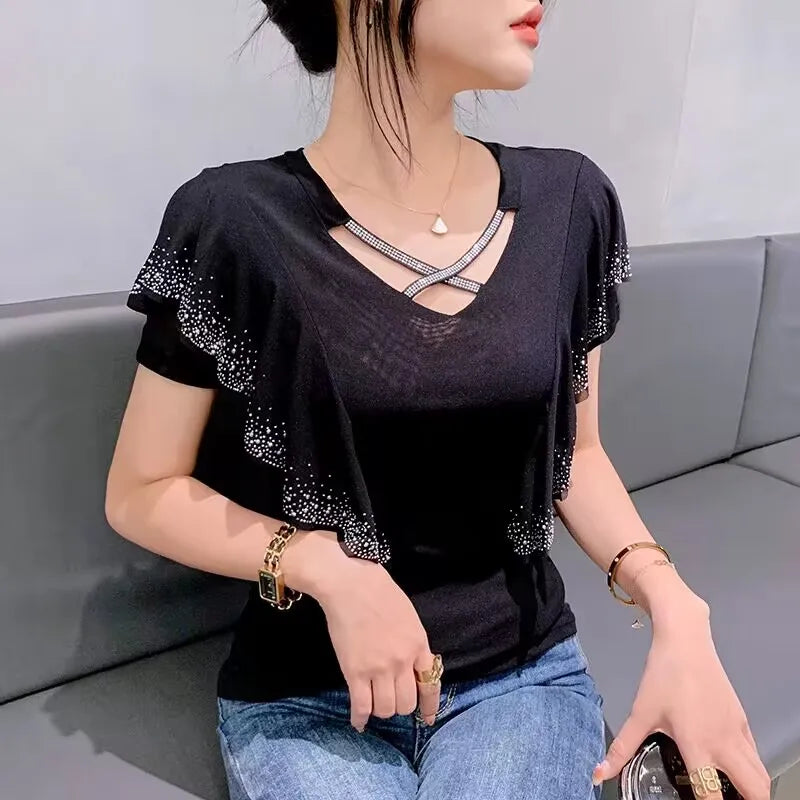 High Quality Summer Women's T-Shirt Fashion Casual V-NeckHollow Out Hot Diamonds Tees Female Ruffled Short Sleeved Mesh Tops