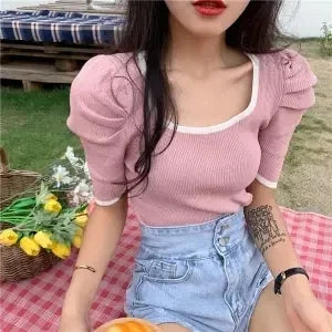 Blouse Women Women's Slim-Fit Short Square Neck Shirts Top for Summer Blusas Ropa De Mujer
