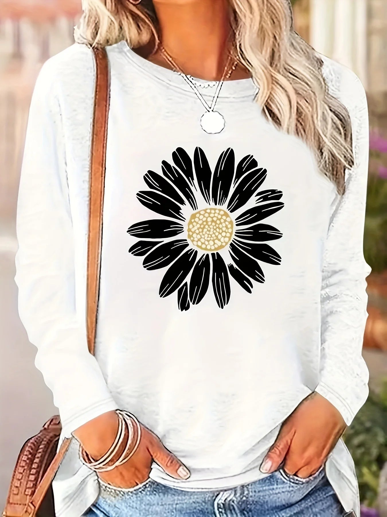 Women's autumn and winter 100% pure cotton fashionable casual loose sunflower print round neck long sleeved T-shirt top