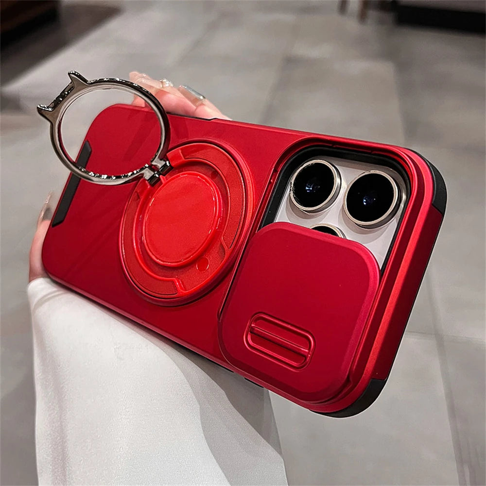 Luxury Slide Camera Lens Protection Magnetic Ring Holder Case For iPhone 17 Air 11 12 13 14 15 16 Pro Max Plus Shockproof Cover