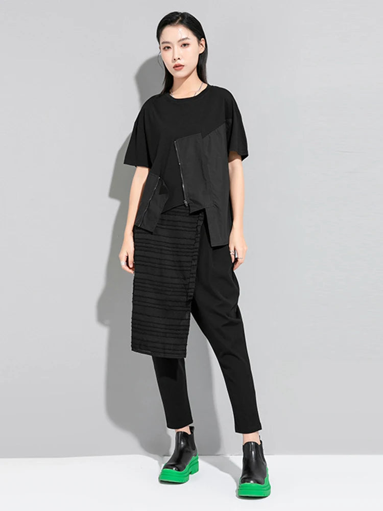 [EAM] Women White Irregular Zippper Casual Big Size T-shirt New Round Neck Short Sleeve Fashion Tide Spring Summer 2026 1DE8921