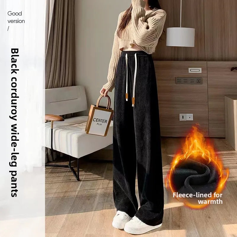 Women's High Waist Fleece Lined Corduroy Wide Leg Pants Thickened Casual Sports Straight Long Trousers Autumn Winter Fashion