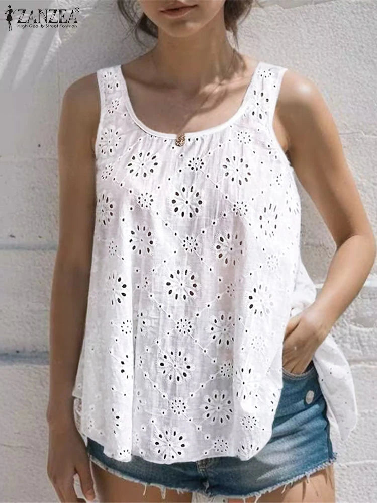 ZANZEA Women Summer Hollow Out Embroidery Tanks 2024 Fashion Vacation Casual Solid Color Tunic Tops Loose Sleeveless Blouses