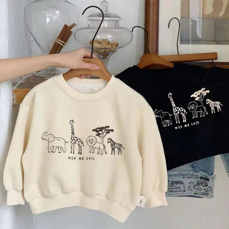 Beige Sweatshirts Spring/Autumn Wear For Kids Cartoon Animals Print Long Sleeve Simple Casual Round Neck Tops Children Clothes