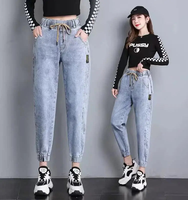 Harajuku Style Women's Jeans Elastic Waist High Waist Cotton Stretch Denim Light Color Pear Shape Body Loose Fit Long Pants