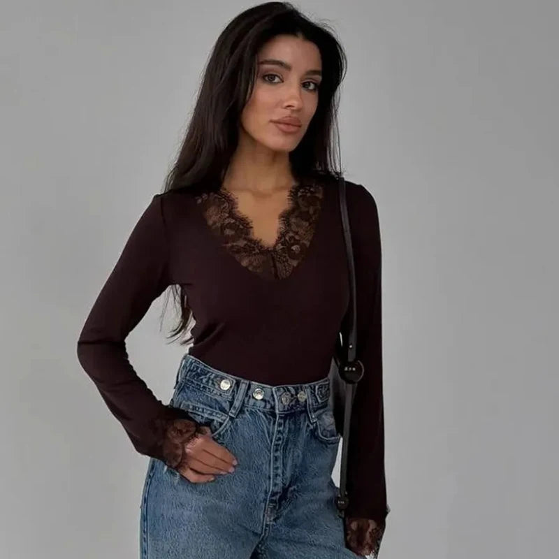 Women V-neck Lace Splicing Top European American Style Spring New Long Sleeve Slim Tops Casual Wear Tshirts Tops Tee