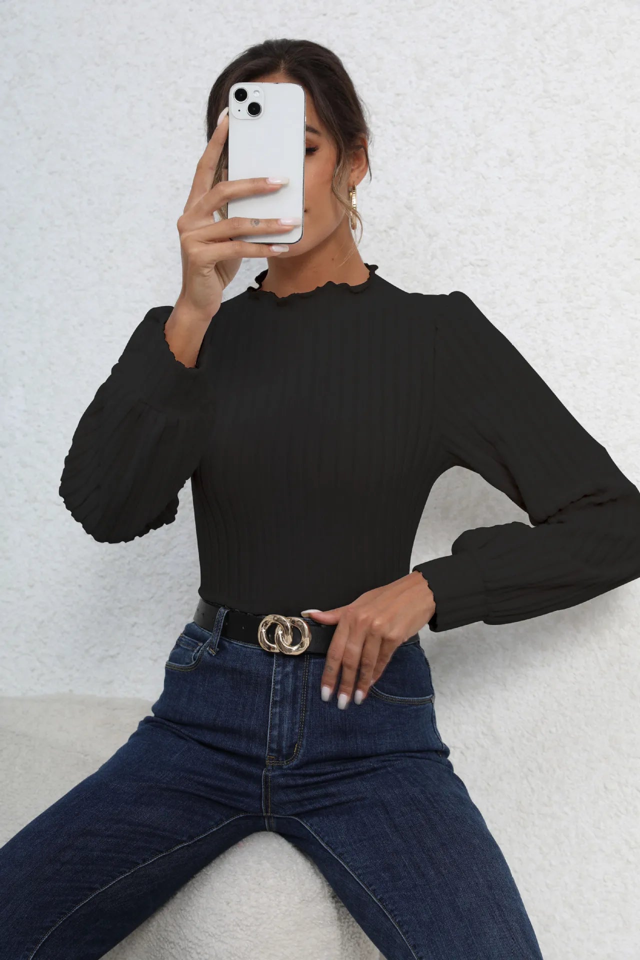 Ribbed Knitted Skinny Body Suit Top for Women Lantern Sleeve Women's wavy stand collar Bodysuit  2023 New Autumn Winter Outfits