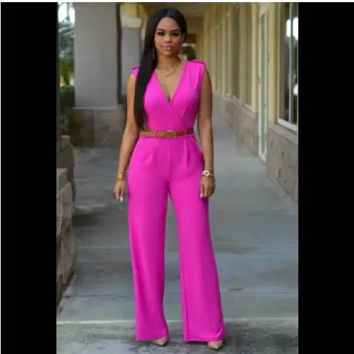 Summer Women's Jumpsuit Wide Leg Pants V-Neck One-Piece Suit with Belt Casual Fashionable Ladies' All-In-One Clothing
