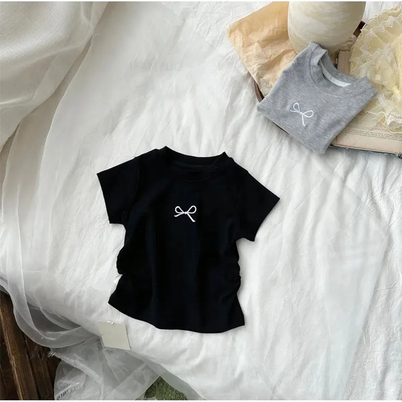 Korean Summer Bowknot Casual Short Sleeve T-shirts for Kids 0-12 Years Cotton Toddler Girl Tops Baby Girls Tees Students Clothes
