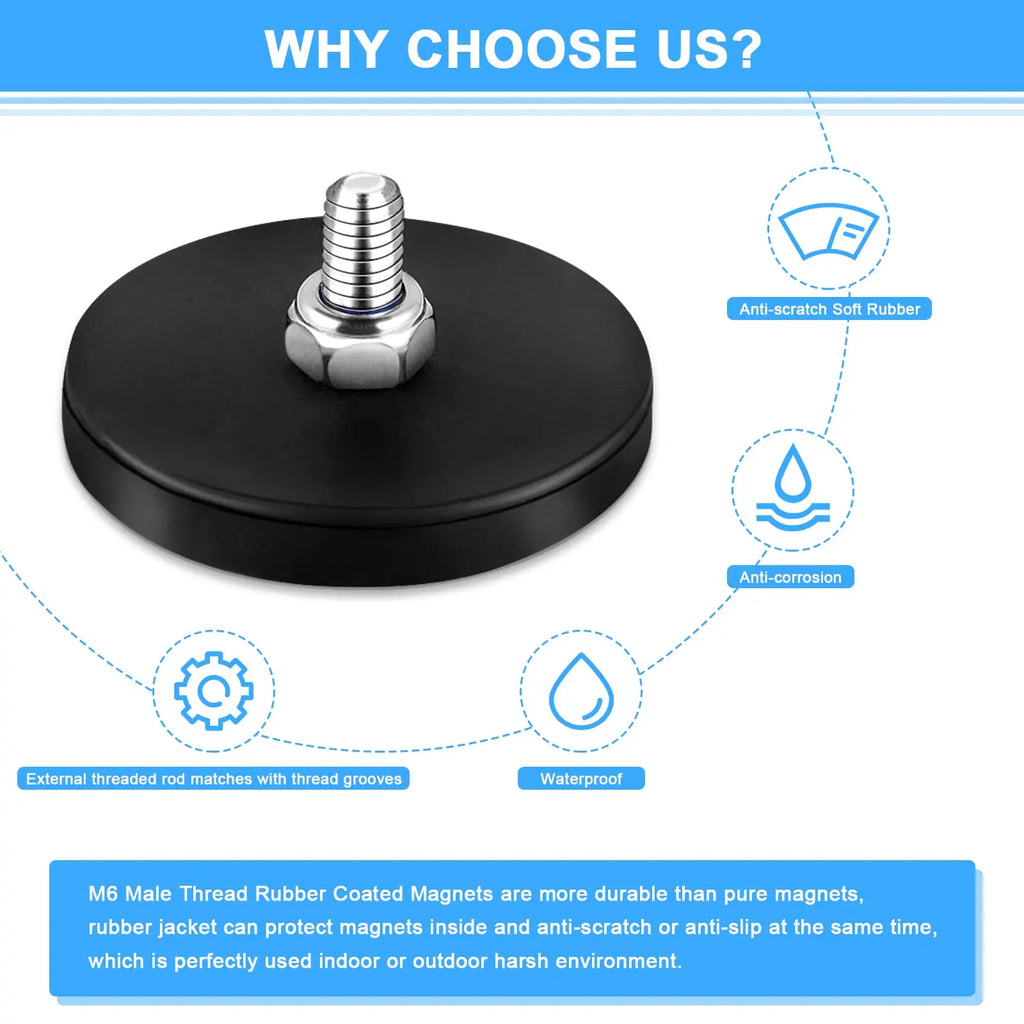 C43 Neodymium Magnet Rubber Coated Mounting Magnets Black Stud Magnet Painted Surface with Bolts Nuts for Lighting Camera Tools