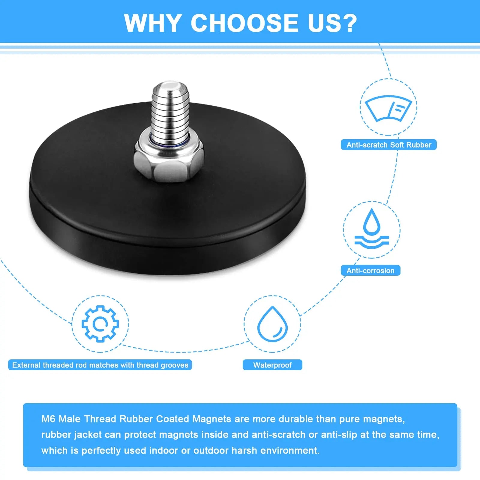 C43 Neodymium Magnet Rubber Coated Mounting Magnets Black Stud Magnet Painted Surface with Bolts Nuts for Lighting Camera Tools