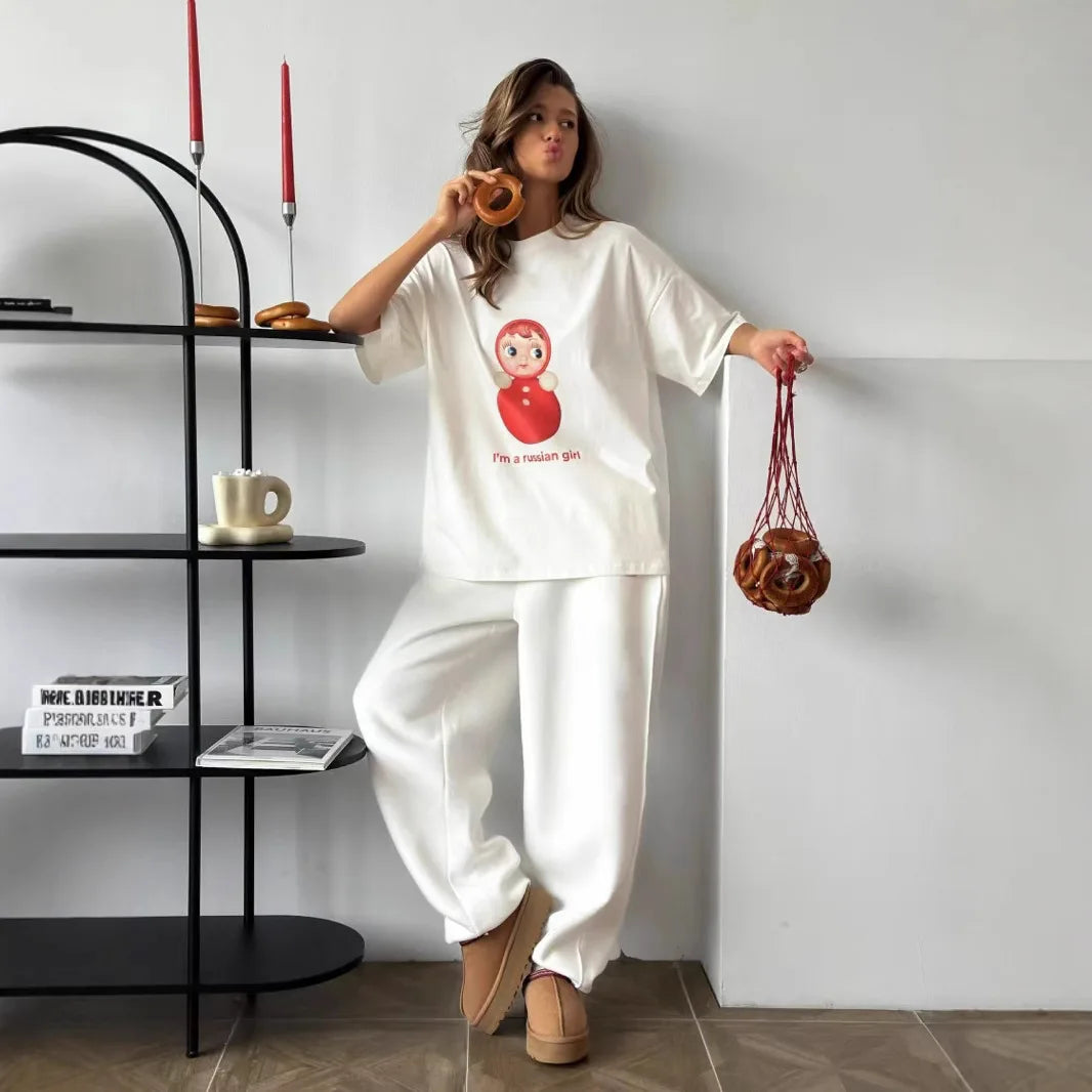 Street Style Retro Russian Nesting Doll Print Ladies T Shirt Casual Fashion Y2k Personality Round Neck Short Sleeved T Shirt