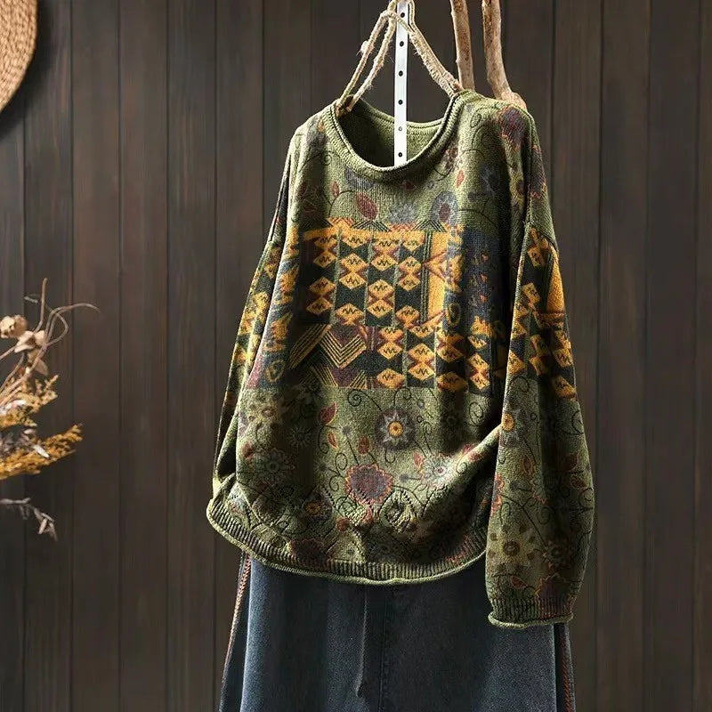 Johnature Vintage Loose Personality O-Neck Sweater 2025 Woman Winter New Long Sleeves Chinese Style Vintage Style Sweater