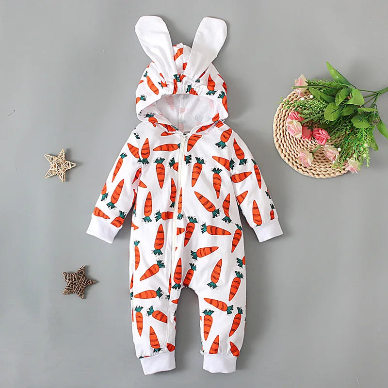Prowow Baby Easter Costume Girls Boys Long Sleeve Carrot Printed Rompers+Rabbit Hat Bodysuit For Newborns Baby Easter Outfits
