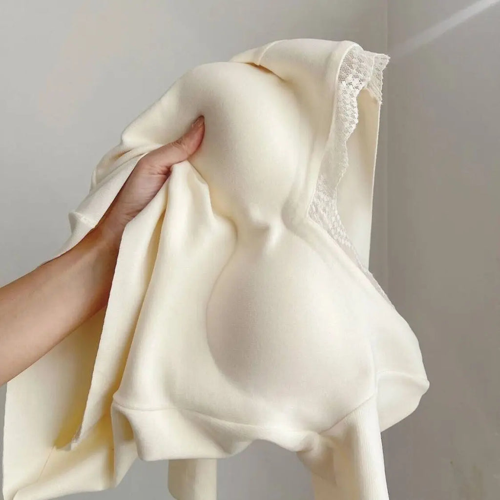 Lace Basic Top With Padding Bra Women V neck Warm Fleece Long sleeve T shirt Apricot White Lady Casual Blouse Underwear Tees