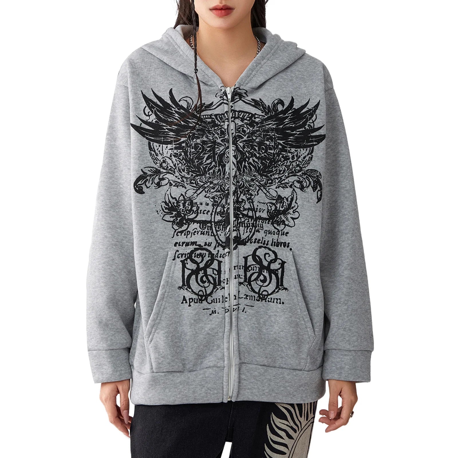Halloween Women Oversized Full Zip Hoodies Fashion Vintage Wings Print Long Sleeve Oversized Sweatshirts Jackets with Pockets