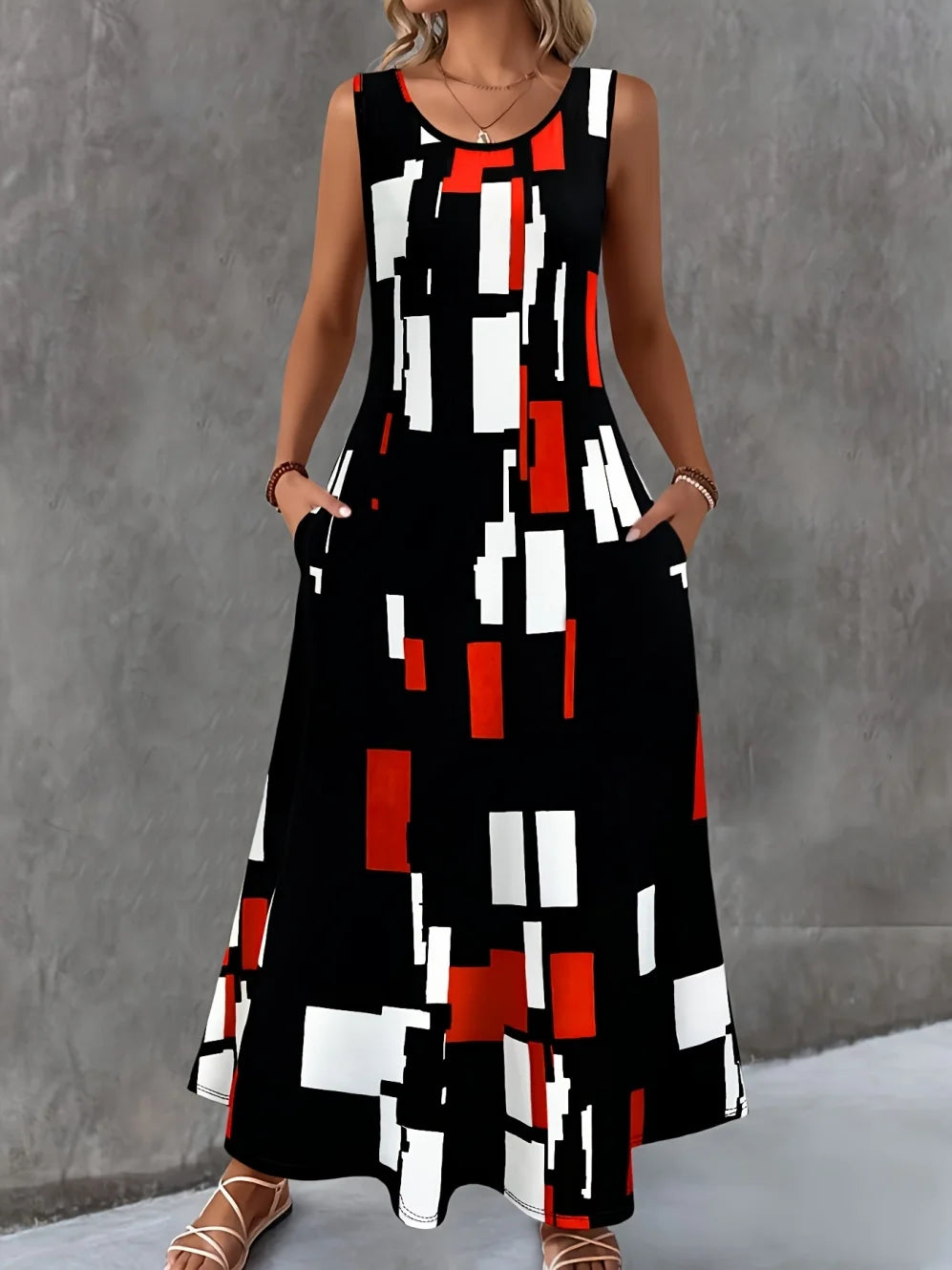 Women's Casual Dresses Summer Stylish Polka Dot Print Sleeveless Dress with Round Neck and Pockets Fashion Elegant Party Dresses