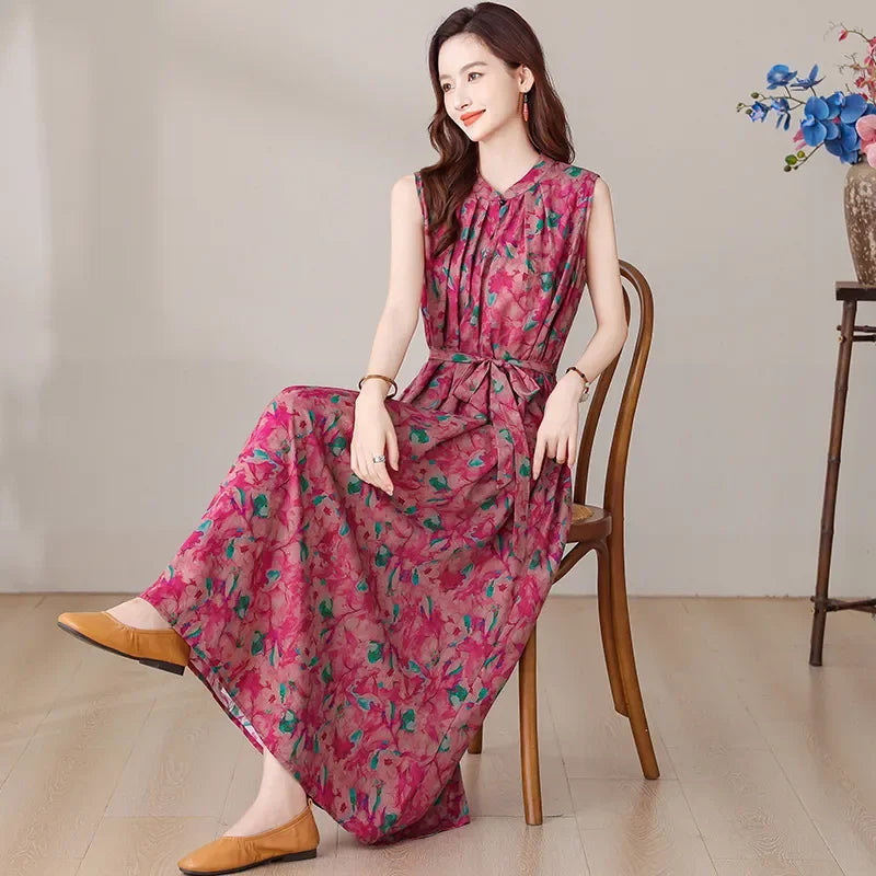 Summer Women's Ink Wash Floral Print Maxi Dress Sleeveless Stand Collar Tie Waist Casual Long Dress