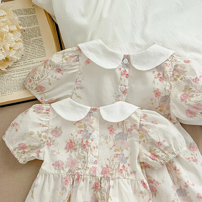 New Summer Sister Match Outfits Pink Princess Dress Sister Baby Girls Clothes Puff Sleeve Floral Romper Cotton Dress One-Pieces