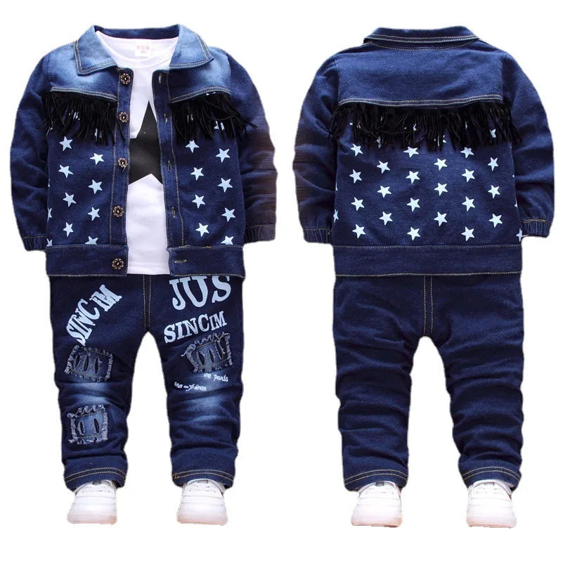Children's Set 2025 New Spring and Autumn Boys' Korean Edition Denim Set Coat+T-shirt+Jeans Infant Fashion Three Piece Set 0-6Y
