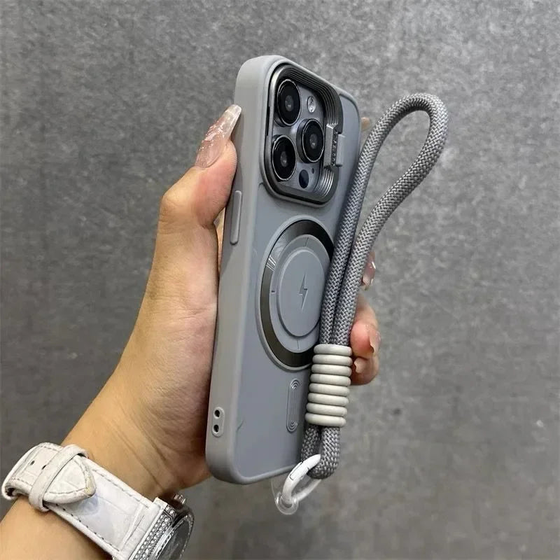 Luxury Flip Up Lens Holder Magnetic Case for iPhone 16 15 14 13 12 11 Pro Max 17 Plus Fashion Nylon Wristband Lanyard Soft Cover