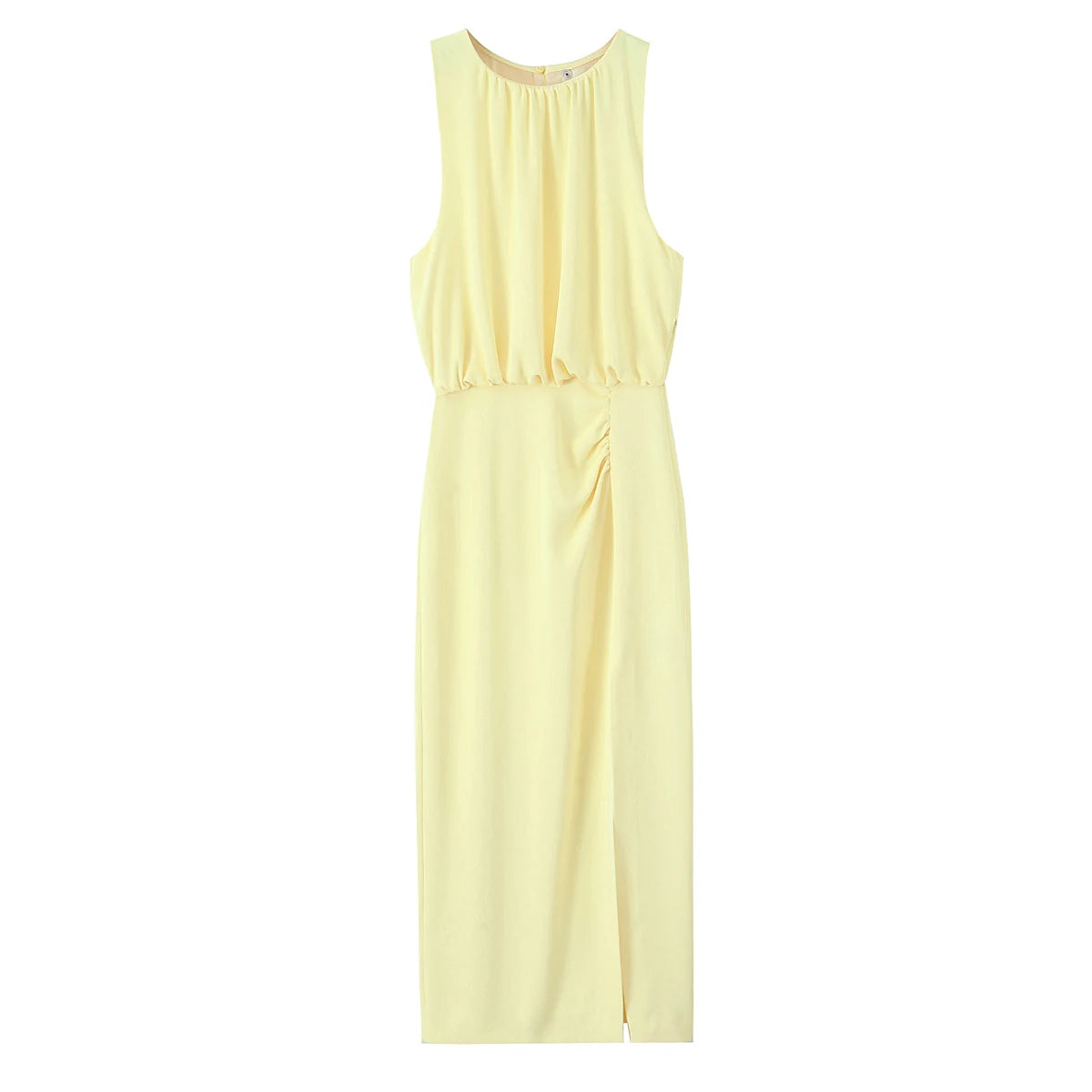 Ladies Solid O-Neck Midi Dress 2026 Summer Sleeveless Split Elegant Pleated Casual Vacation Dress New Fashion Lady Midi Dress