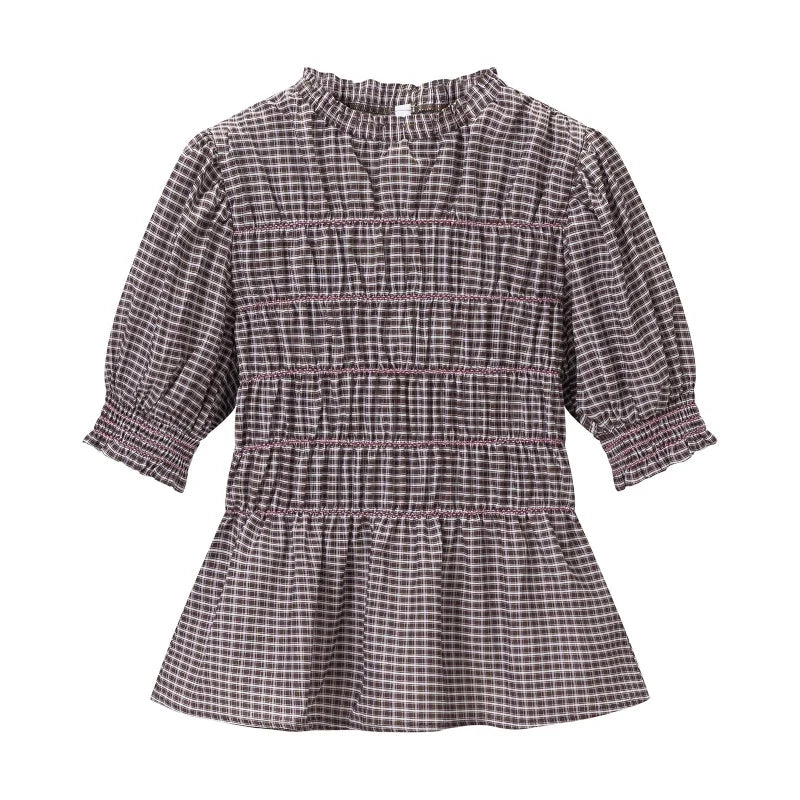 Preppy Style Plaid Ruffle Neck Puff Sleeve Tiered Peplum Blouse Women Casual School Daily Tops