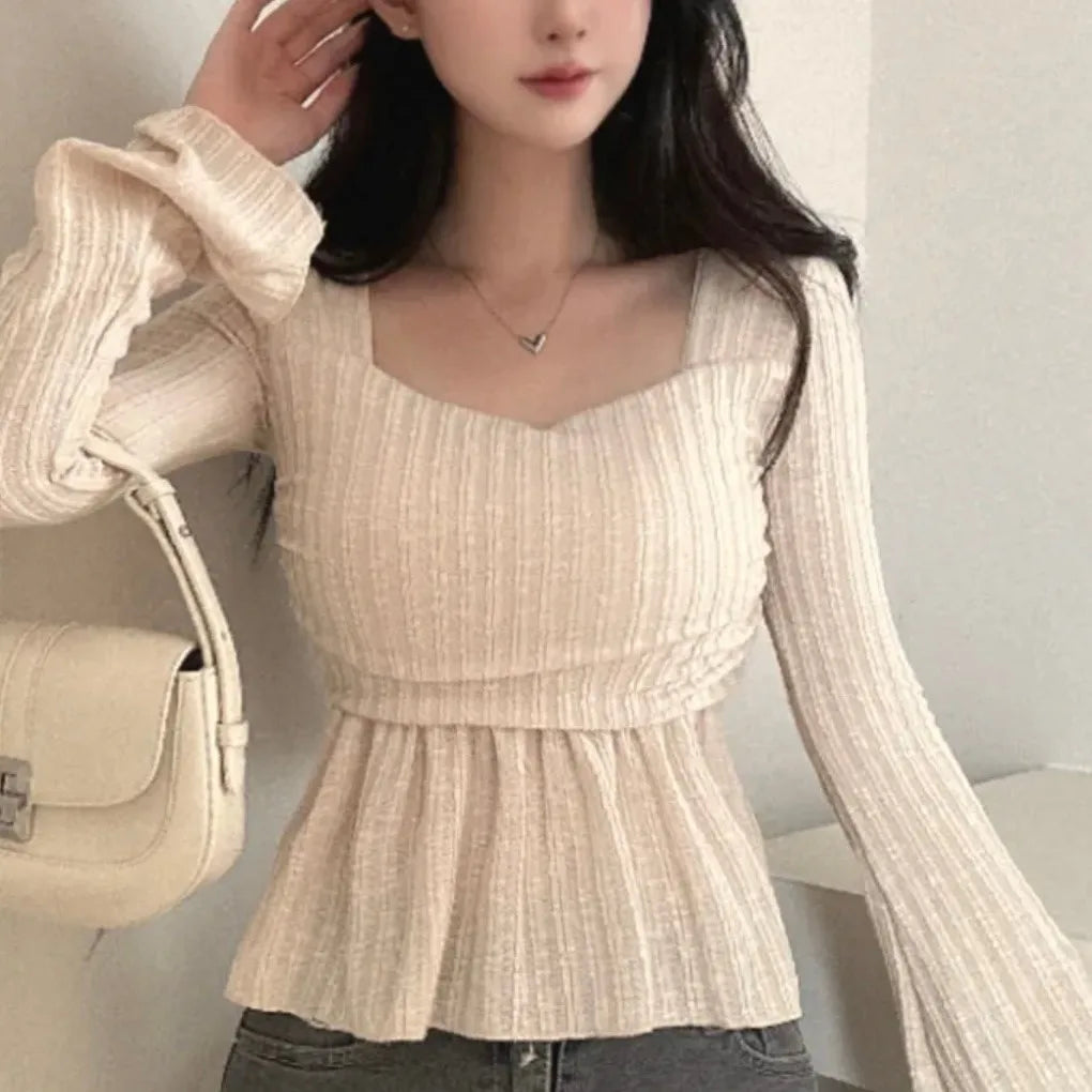 Chic Design Knitted Sweater Women's Square Collar Waist Cinched Flared Sleeve Inner Wear Short Top Commute Style