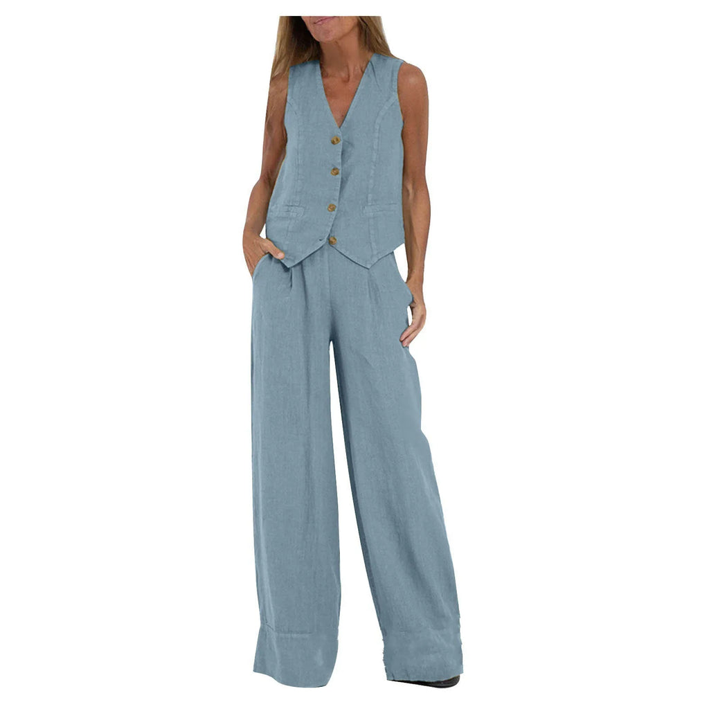Fashionable Patchwork Cotton Linen Vest Wide Leg Pants Two Piece Set 2025 Spring Commute Style  Color Women's Suit