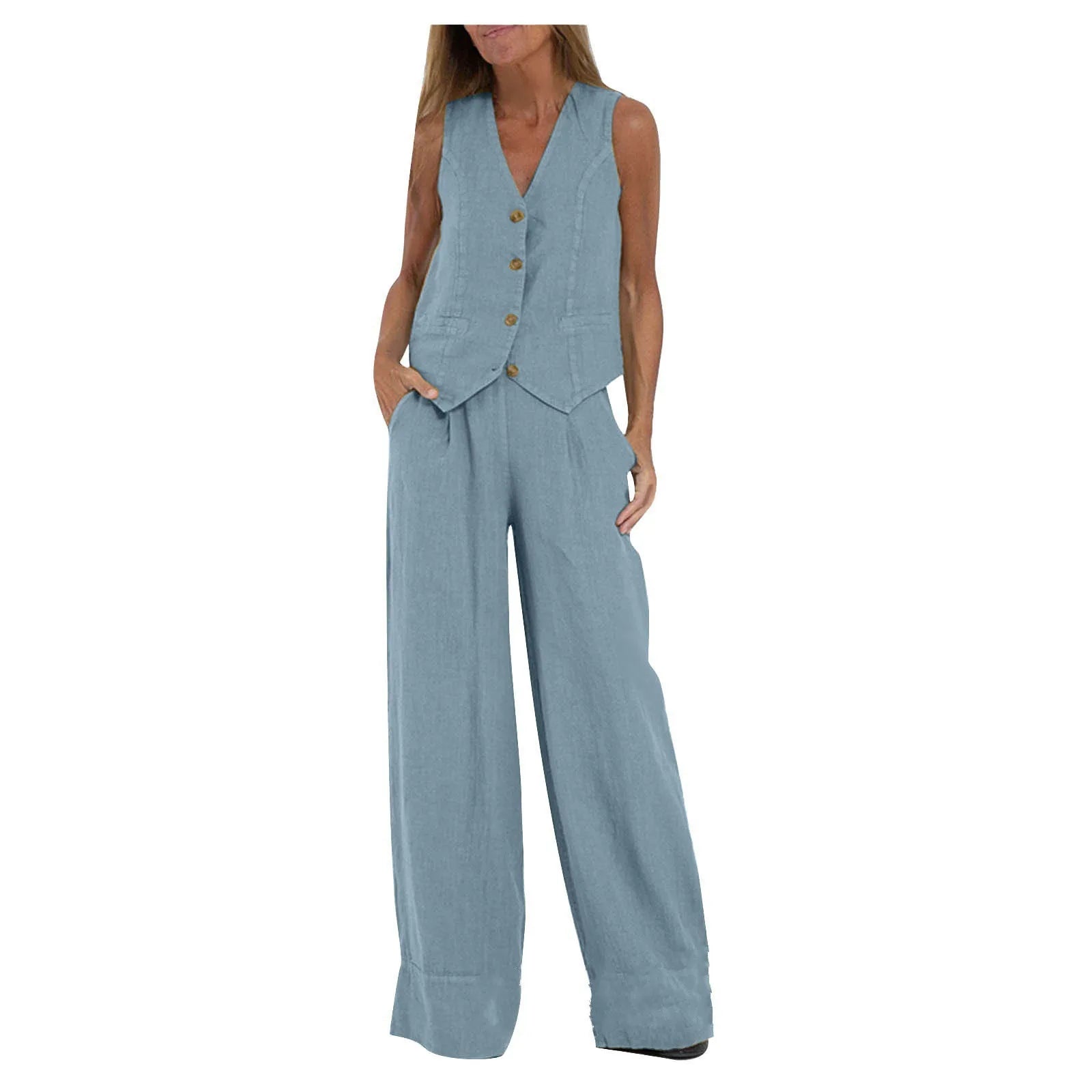 Fashionable Patchwork Cotton Linen Vest Wide Leg Pants Two Piece Set 2025 Spring Commute Style  Color Women's Suit