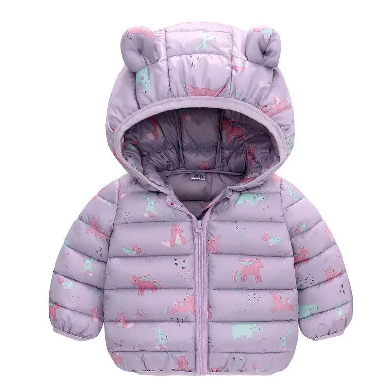 Cartoon Dinosaur Print Boys Baby Lightweight Down Jackets Warm Hooded Outerwear Winter Autumn Kids Girls Coats Casual Clothing