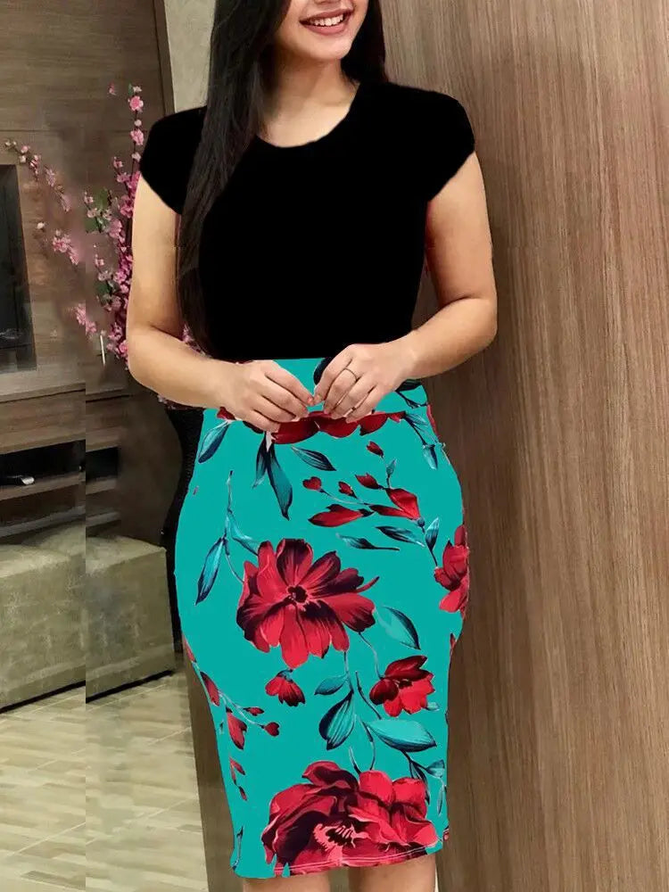Summer Floral Color Blo Women's Dr Bodycon Maxi Skirt round Ne Single Piece Large Size Wi Hot S Cross-Border