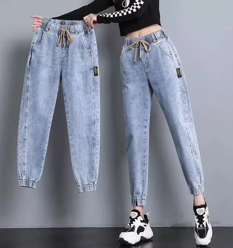 Harajuku Style Women's Jeans Elastic Waist High Waist Cotton Stretch Denim Light Color Pear Shape Body Loose Fit Long Pants