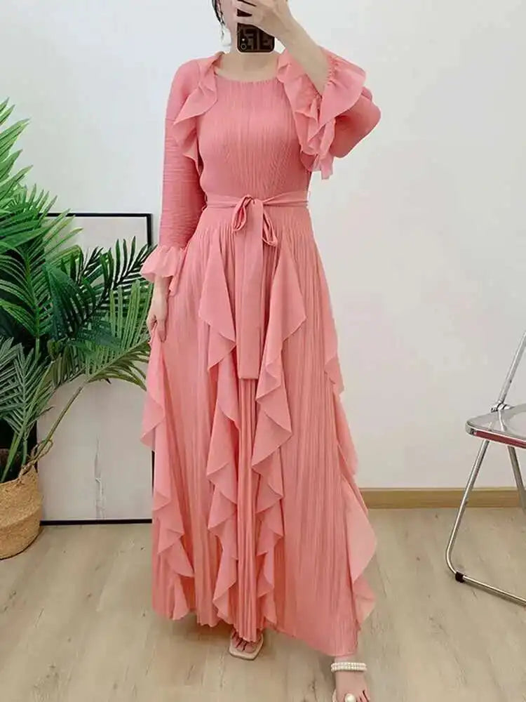 LANMREM Fashion Ruffles Pleated Dress Women Round Neck Flare Sleeves Solid Maxi Belt Dresses Party 2025 Spring New 2AA1502