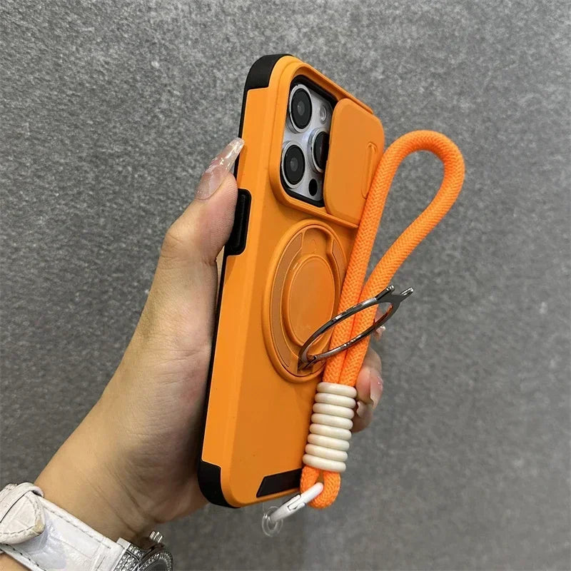 New Armor Magnetic Bracket Cases for iPhone 16 14 13 12 11 15 Pro Max Plus With Lanyard Slide Camera Protection Shockproof Cover