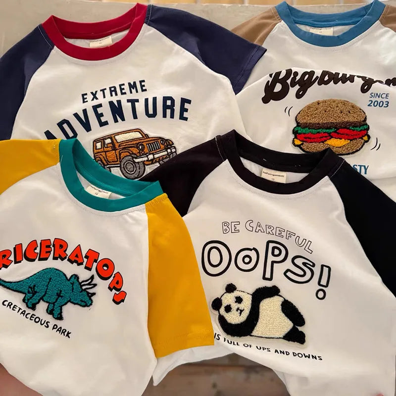 1-10 Age Kids Summer Short Sleeve Tops Boutique Fashion Childrens Crewneck T-shirt Loose Casual Patchwork Boy T-shirts