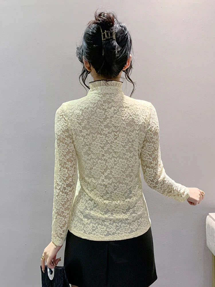 Fleece Lined Lace Long Sleeve Half High Collar Base Shirt Women's Sexy Mesh Top Slimming Versatile Korean Style Commute Wind