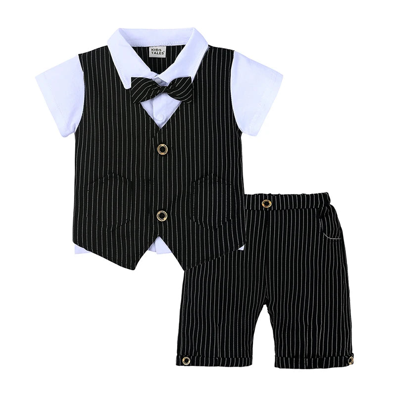 2026 Baby Boy Gentleman Suit Toddler Bow Tie White Shirt Vest+Pants Stripe Sets 3Pcs Formal Birthday Wedding Kids Party Clothes