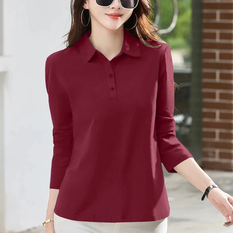 Women's  irt Long Sve T-irt Pure Cotton Loose Fit Autumn New Sle Versatile Turn-down Collar Base Top