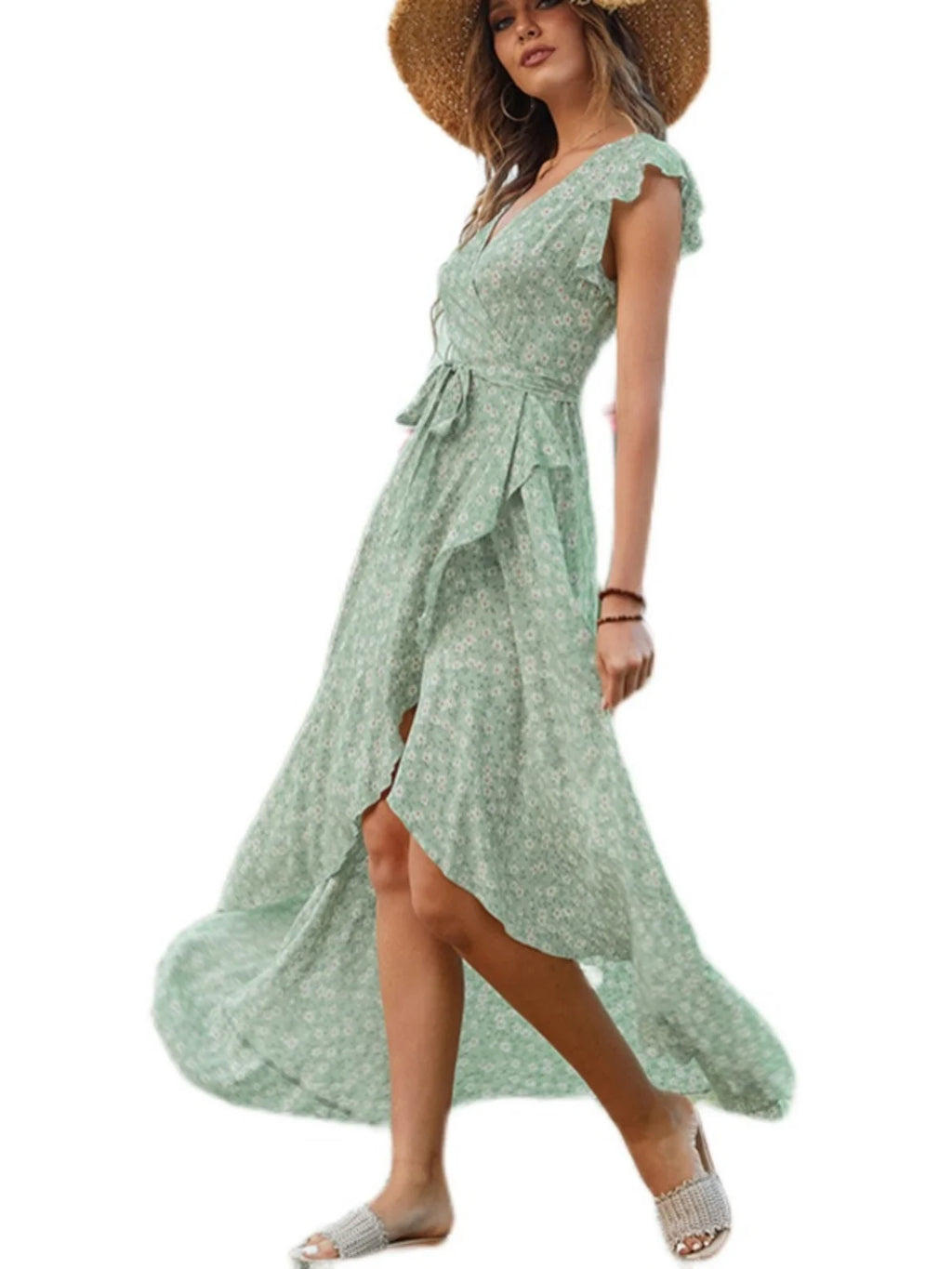 Bohemian Vacation Style Asymmetrical Short Sleeve Floral Cotton Silk Dress Waist Cinched  Wrap Long Skirt Summer
